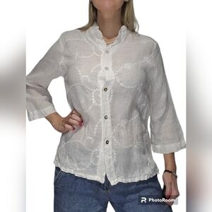 Embroidered Linen Flowy Cream/white 3/4 sleeve button down blouse oversize S